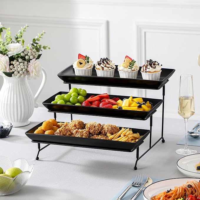 MALACASA 3 Tier Serving Trays for Party, Stoneware Serving Platters and Trays, 14 Inch Tiered Tray Stand, Fruit Tray, Trays for Serving Food, Black Dessert Stand with Collapsible Sturdier Metal Rack-Ruum Studio Home
