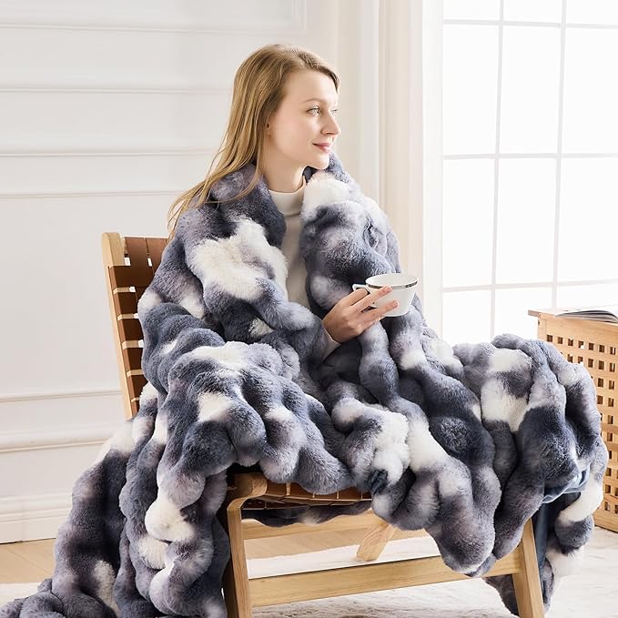 Cozy Faux Fur Throw Blanket for Couch-Warm Fuzzy Throw Blanket, Soft Plush Thick Bubble Blankets for Bedroom and Living Room, Furry Luxury Blanket, 50 x 60,Tie-Dye Blue-Ruum Studio Home