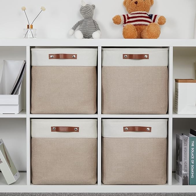DULLEMELO Fabric Storage Cubes,13 inch Cube Stroage Bins for Empty Gift Basket,Toy Nursery Storage Linen Closet Organizers and Storage Baskets Shelves Bins(White&Khaki)-Ruum Studio Home