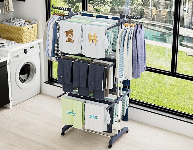 HOMIDEC Clothes Drying Rack, Oversized 4-Tier(67.7" High) Foldable Stainless Steel Drying Rack Clothing, Movable Drying Rack with 4 castors, 24 Drying Poles and 14 Hooks for Bed Linen, Clothing, Grey-Ruum Studio Home