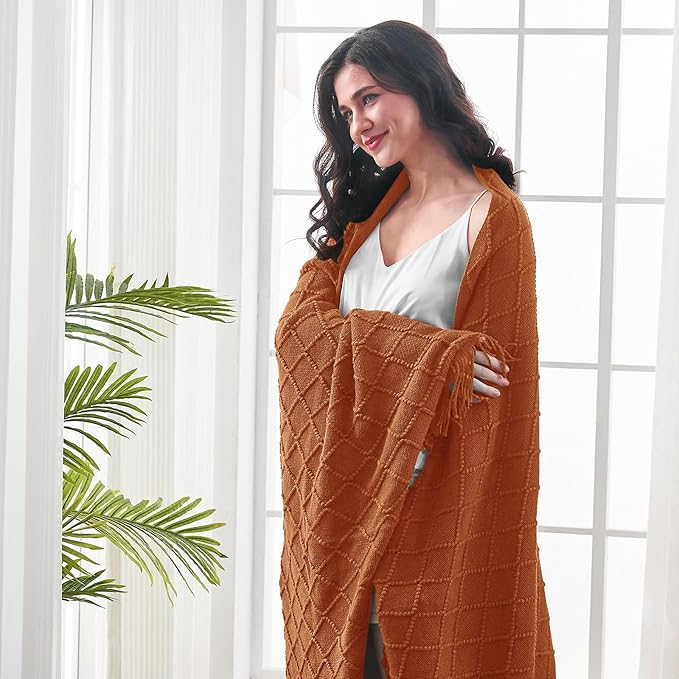 inhand Knitted Throw Blankets for Couch and Bed, Soft Cozy Knit Blanket with Tassel, Orange Rust Lightweight Decorative Blankets and Throws, Farmhouse Warm Woven Blanket for Men and Women, 50"x60"-Ruum Studio Home