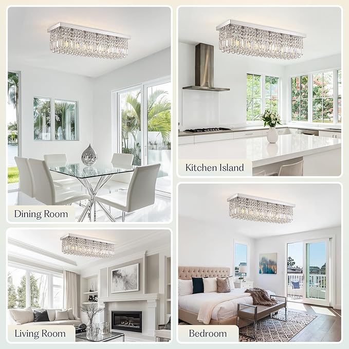 Rectangular Chandelier, Flush Mount Rectangle Chandelier Modern K9 Crystal Chandeliers Light Fixture, 6-Lights Raindrop Crystal Pendant Ceiling Light for Dining Room Bedroom Bar Club L31.5 Inch-Ruum Studio Home