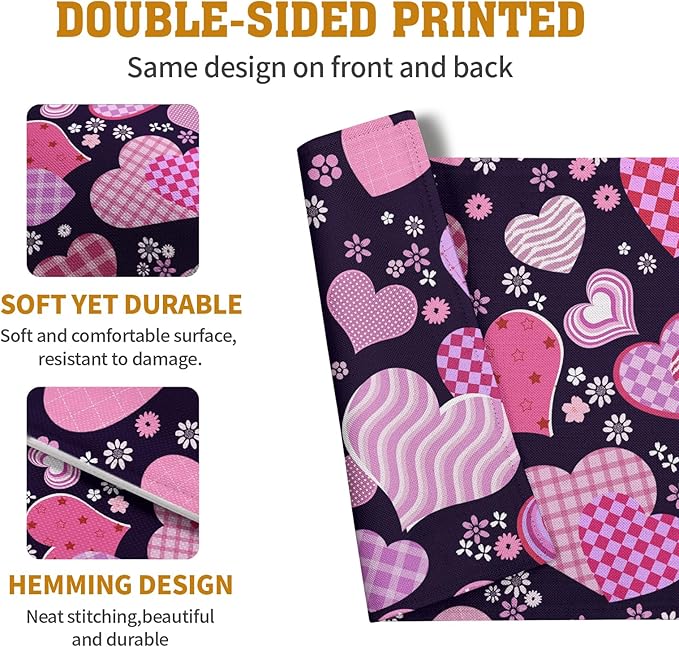 Pink Love Hearts Valentine's Day Placemats Set of 4 Seasonal Valentines Anniversary Wedding Linen Table Mats Pink Black Washable Place Mats for Party Kitchen Dining Outdoor Indoor Decor 12x18 Inch-Ruum Studio Home