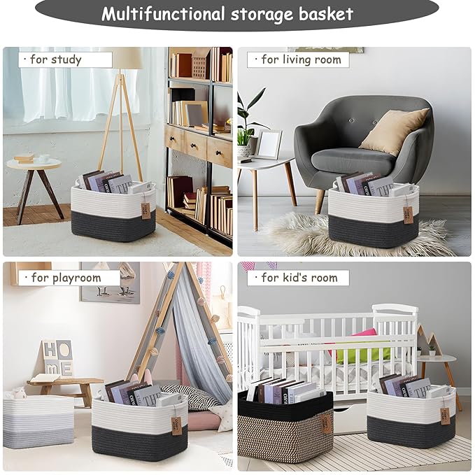 COMFY-HOMI Cotton Rope Woven Basket with Handles for Shelves,Toys,Book, Cloth Storage Baskets Bin for Organizing-13.5"x11"x9.5" Toy Decorative Organizer for Living Room, Bathroom-White/Dark Grey-Ruum Studio Home