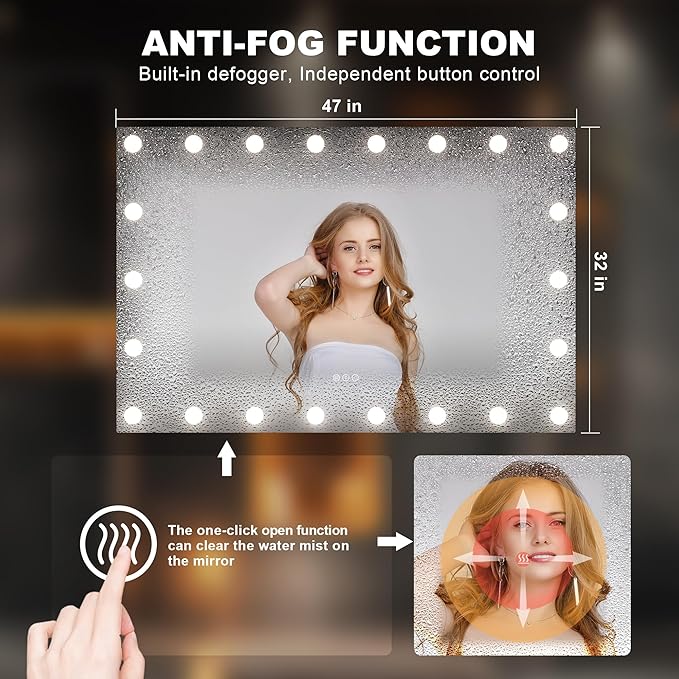 Hasipu LED Bathroom Mirror with Lights, 47" x 32" Hollywood Wall-Mounted Bathroom Mirror with 22 Dimmable Bulbs, 3 Colors Modes, Touch Control, Anti-Fog, Memory Function, Shatter-Proof, ETL Listed-Ruum Studio Home