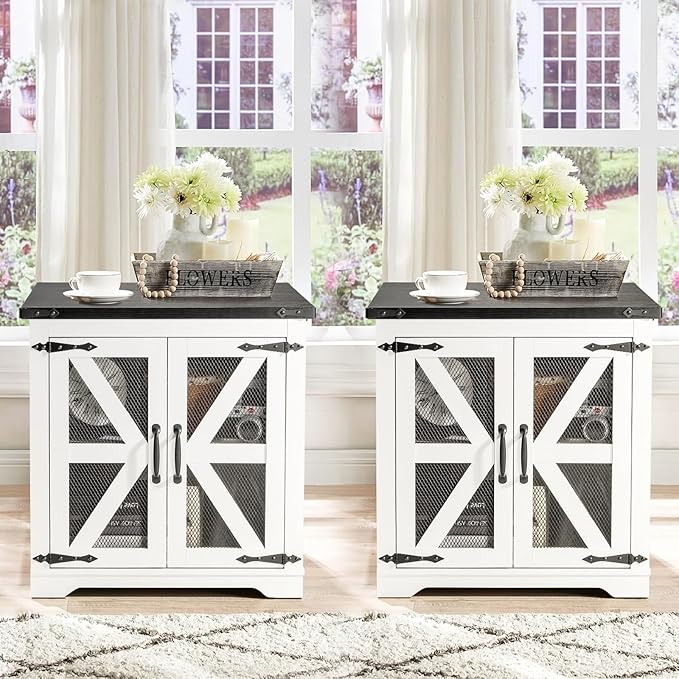 Farmhouse End Table Set of 2, 24" Large Sofa Side Table with Charging Station, Mesh Barn Door, White Nightstand with Adjustable Storage Shelf, Square Nightstand for Living Room, Bedroom-Ruum Studio Home