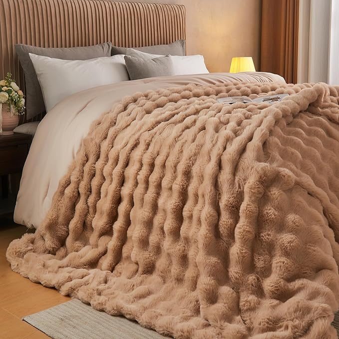 Lotus Karen Queen Size Faux Fur Blanket Khaki - Big Bubble Rabbit Fluff Blanket for Bed, Large Fluffy Fuzzy Cozy Blanket, Thick Furry Plush Shaggy Blankets, 90x90 Inches-Ruum Studio Home