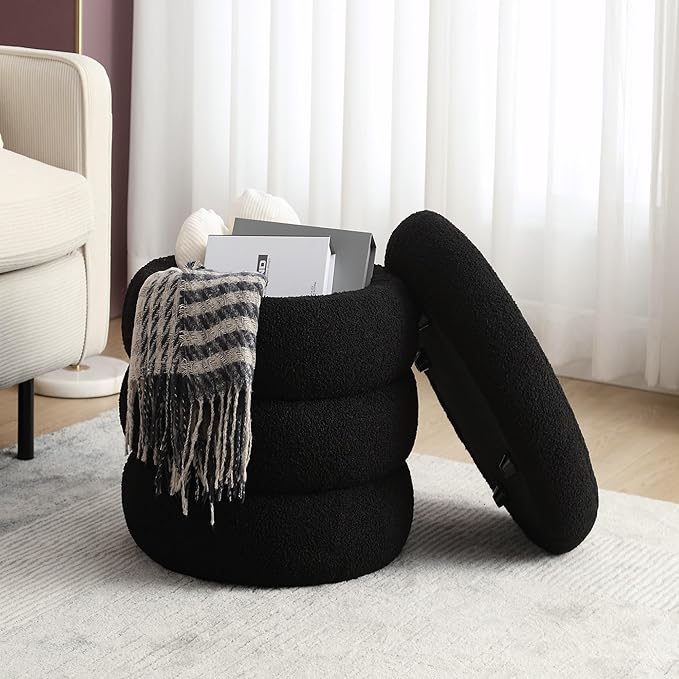 ONEVOG 16 Inch Small Ottoman Foot Rest, Sherpa Storage Ottoman for Toys, Black Vanity Stool Soft Tufted Fabric Pouf, Footstool Seat for Living Room, Dorm, Bedroom-Ruum Studio Home