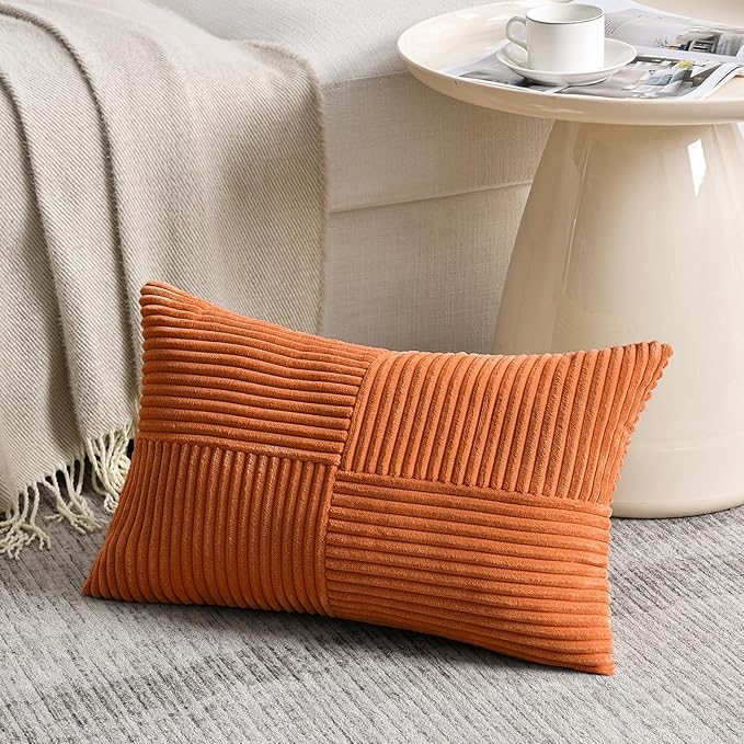 Fancy Homi 2 Packs Burnt Orange Lumbar Decorative Throw Pillow Covers 14x24 Inch for Couch Bed Sofa, Farmhouse Boho Home Decor, Soft Striped Corduroy Rectangle Accent Cushion Case 35x60 cm-Ruum Studio Home