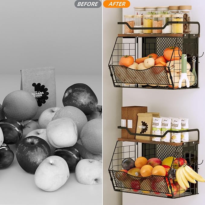 Magnetic Shelf for Fridge with Wood Lid, Magnetic Spice Rack for Refrigerator Large Capacity Sturdy with 4 Hooks,Magnetic Basket for Kitchen Pantry Laundry (1 Set with Buckles)-Ruum Studio Home