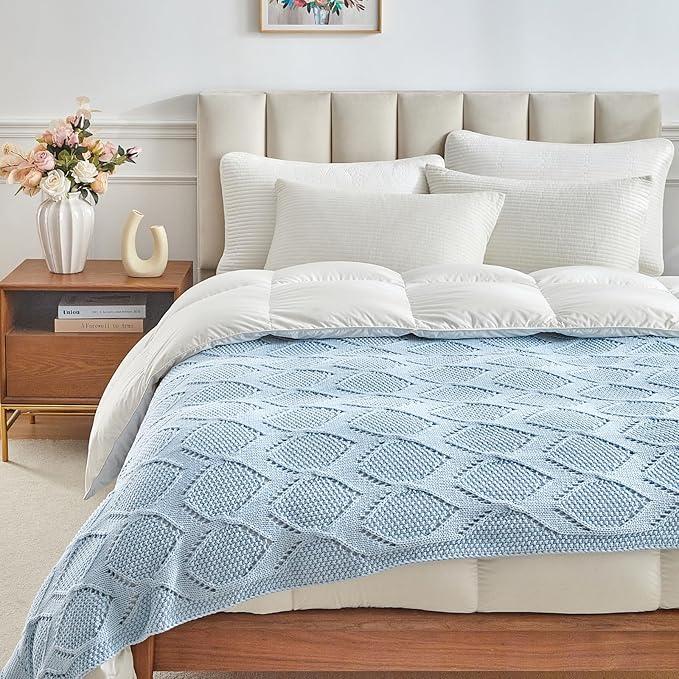 Longhui bedding Chunky Cotton Knit Throw Blanket for Couch, Sofa, Bed, or Chair, Decorative Breathable Fall Cable Knit Blanket 51 x 63 Inches, Light Blue-Ruum Studio Home