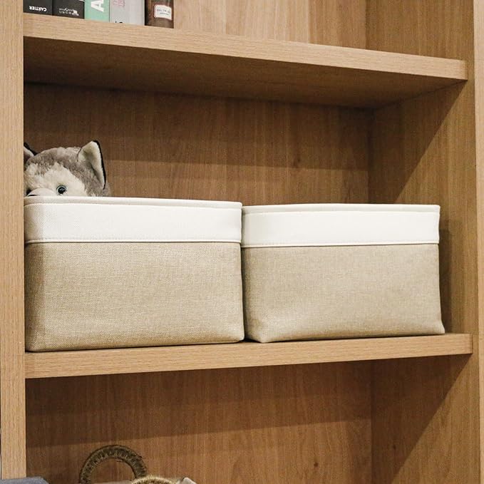 Storage Bins Large Fabric Storage Baskets for Shelves 3 Pack, Decorative Linen Closet Baskets with Handles for Organizing, Shelf, Clothes, Home, Office, 15x11x9.5Inches (Beige&White)-Ruum Studio Home