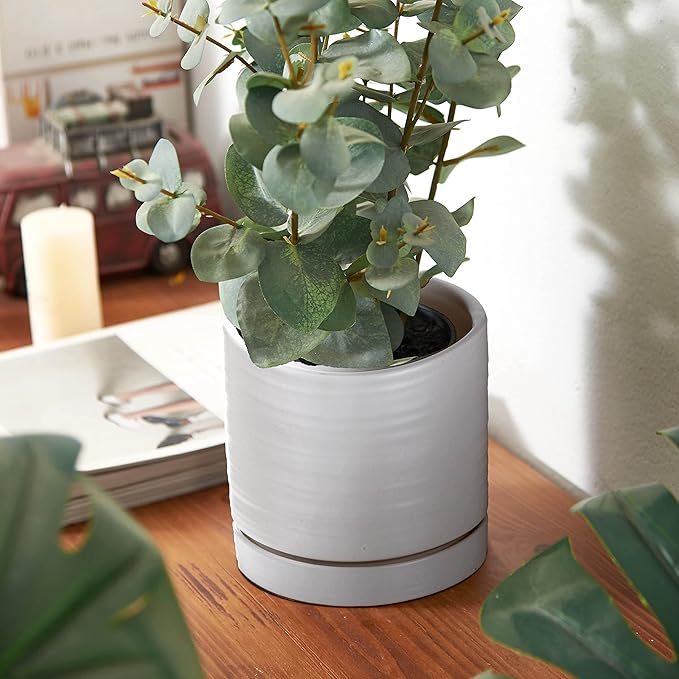6 + 8 Inch Plant Pots, Ceramic Planter Pot with Drainage Hole & Saucer, Indoor/Outdoor Cylinder Round Planter Pot, Matte White-Ruum Studio Home