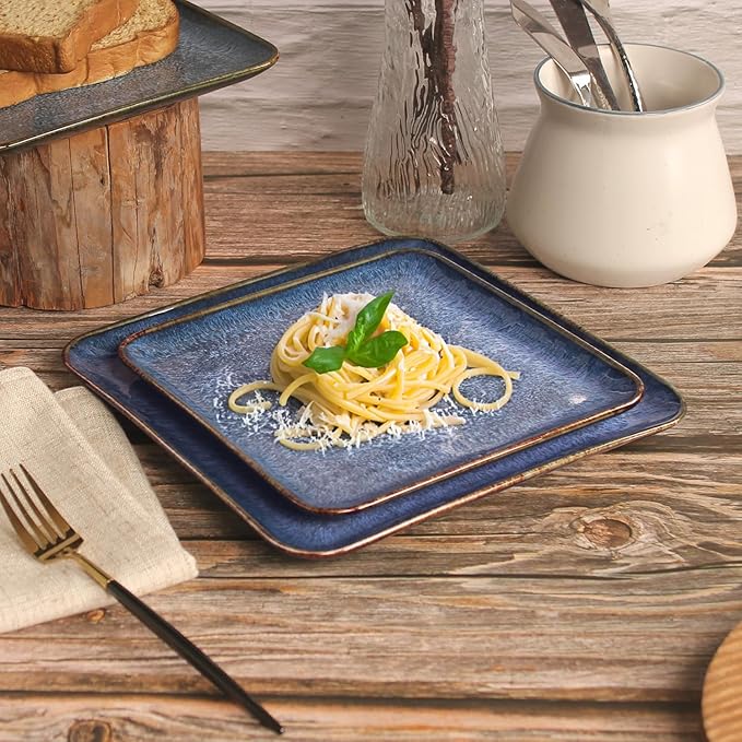 Ceramic Dinner Plates Dish Set, Set of 4, Microwave Oven and Dishwasher Safe, Scratch Resistant, Dinnerware Kitchen Porcelain Serving Dishes Blue, 9 inch Square plate-Ruum Studio Home