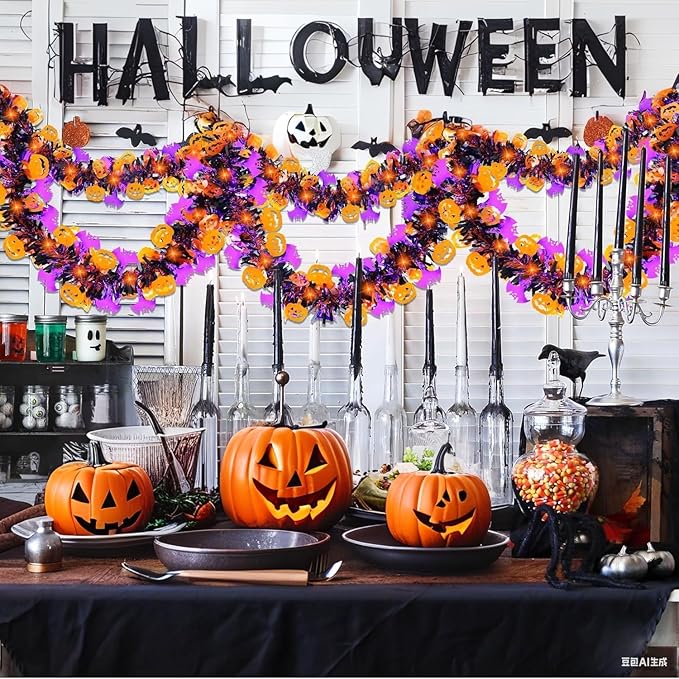50 Ft Halloween Tinsel Garlands,Funny Pumpkin Purple Bats Shiny Metallic Twist Foil Tinsel Garland Hanging Holiday Decorations for Home Indoor Outdoor Festivities Party Decor-Ruum Studio Home