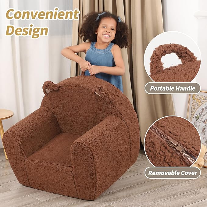 Comfy Toddler Chair, Cuddly Sherpa Teddy Bear Kids Sofa, High Back Kids Reading Chair for Boys and Girls, Brown-Ruum Studio Home