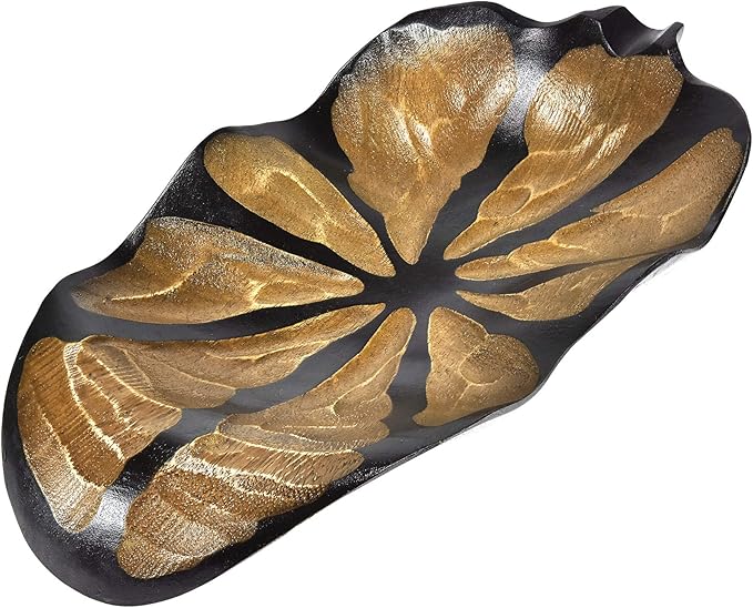 AeraVida Nature Inspired Handcarved Curvy Leaf Shaped 2-Tone Stained Wooden Serving Bowl or Dish for Tropical Chic Home Décor & Kitchen Accessories-Ruum Studio Home