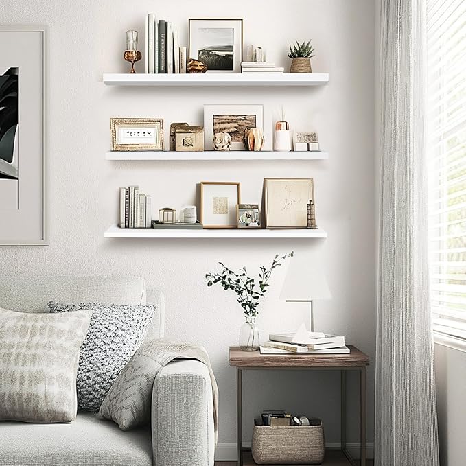 3-Pack Floating Wall Shelves, 24-Inch Rustic White Wooden Shelves for Storage and Décor, Easy Installation for Living Room, Bedroom, and Kitchen-Ruum Studio Home