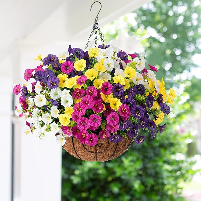 Artificial Faux Hanging Plants Flowers Basket for Spring Summer Outdoors Decoration, Fake Silk Colorful Morning Glory with Eucalyptus Look Real UV Resistant for Outside Porch Patio Balcony Garden Home-Ruum Studio Home