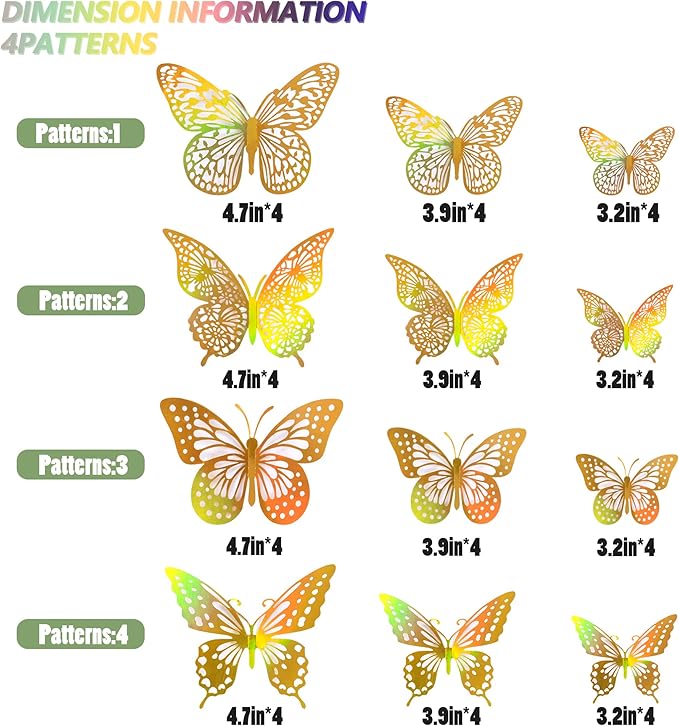 SAOROPEB 3D Butterfly Wall Decor - 48 Pcs, 4 Styles, 3 Sizes - Removable Gold Decorations for Birthday & Party Celebrations-Ruum Studio Home