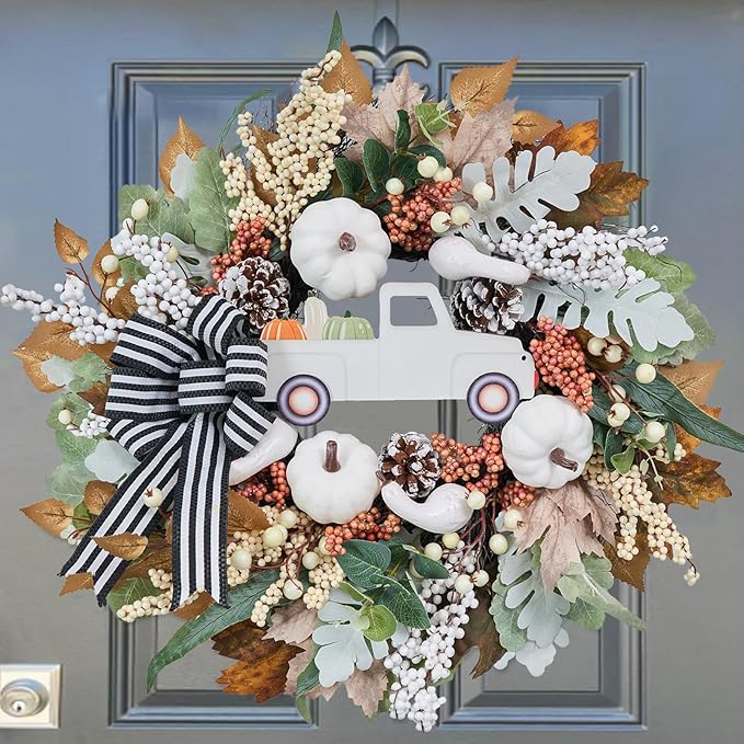 Fall Wreath for Front Door,20 inch White Pumpkin Door Wreath with Truck and Bow, Harvest Porch Decor, Fall Decoration Indoor Outdoor,-Ruum Studio Home