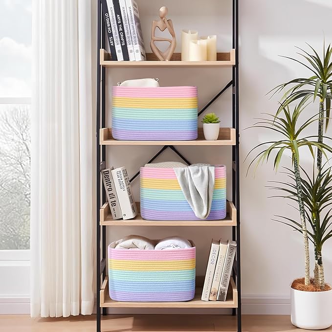 Shelf Baskets for Organizing, Woven Storage Basket for Shelves，Cotton Rope Storage Bins for Toys Books, Nursery Towel Baskets for Classroom, 14.96"X9.8"X8.85", 3-Pack Pastel Rainbow-Ruum Studio Home