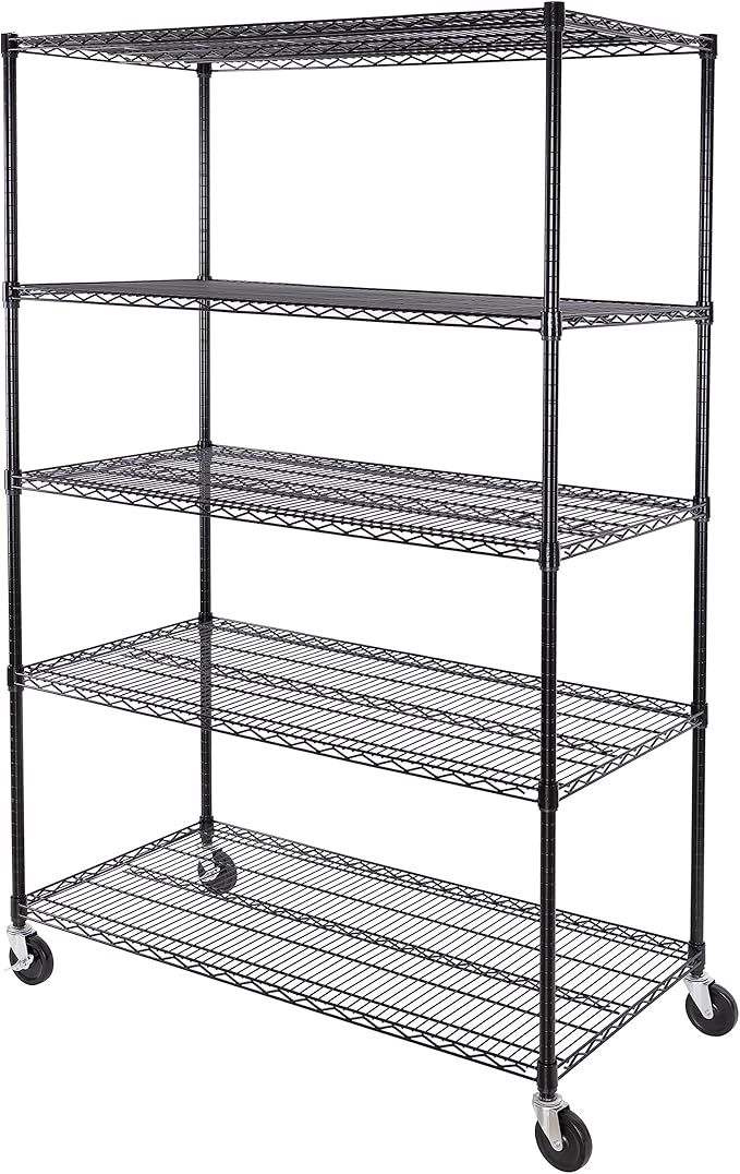 Seville Classics UltraDurable Heavy Duty NSF Solid Steel Wire Rack Storage Unit, Organizer for Garage, Warehouse, Office, Restaurant, Classroom, Kitchen, Black, 5-Tier Shelving, 48" W x 24" D-Ruum Studio Home