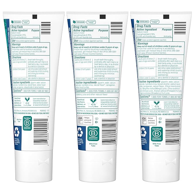 Tom's of Maine Anticavity Kids Natural Toothpaste Variety Pack, Strawberry, Orange Mango, Watermelon Flavors, Kids Toothpaste with Fluoride, Safe for Ages 2 and Up, 5.1 oz (Pack of 3)-Ruum Studio Home