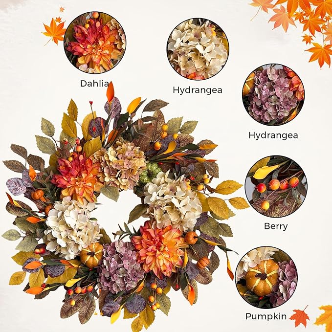 24Inch Fall Wreaths for Front Door,Fall Wreath with Beige Hydrangea,Orange Dahlia Artificial Flowers,Pumpkins,Autumn Wreaths for Harvest Thanksgiving Halloween Indoor Outdoor Home Decor-Ruum Studio Home