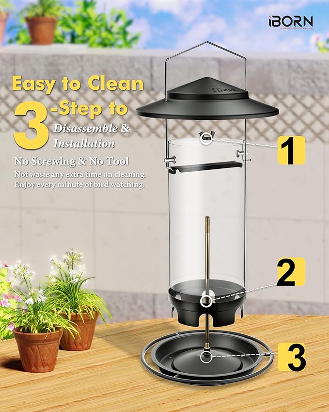 iBorn Metal Bird Feeders for Outdoors Hanging,Wild Bird Feeders for Cardinal,18cm Large Roof&Tray Black 6 Port (Seed is not Included)-Ruum Studio Home