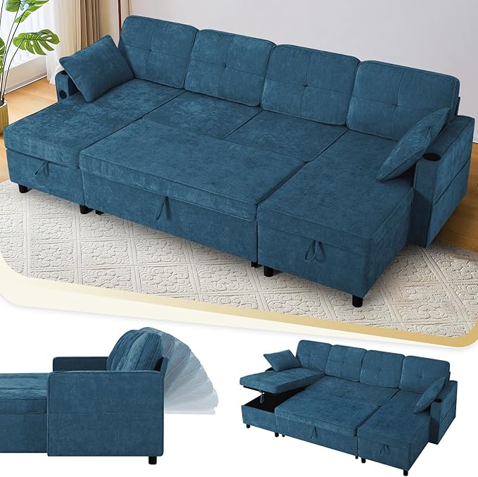 110 Inches Chenille Sectional Sofa w/Pull Out Sofa Bed & Adjustable Back, Tufted U Shaped Couch w/Two Storage Chaises, Sleeper Sectional Sofa w/USB Port & Cup Holders for Living Room, Blue-Ruum Studio Home