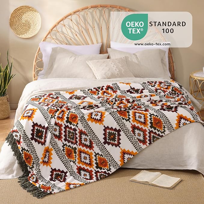 CASAAGUSTO Boho Throw Blanket - Orange and Green Decorative Blankets with Tassel, Printed Flannel Bohemian Blanket for Chair, Bed, Sofa, Couch(50 * 60, Orange and Green)-Ruum Studio Home