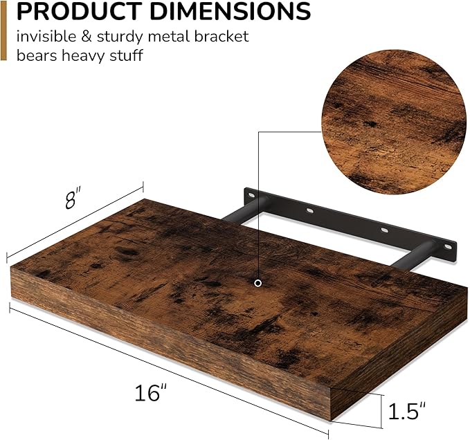 Fun Memories 16 Inch Floating Shelves - Deep Rustic Wooden Wall Shelves - Extra Deeper & Thicker Wall Mounted Storage Shelf for Bedroom, Kitchen, Farmhouse - 2 Pack, Rustic Brown-Ruum Studio Home