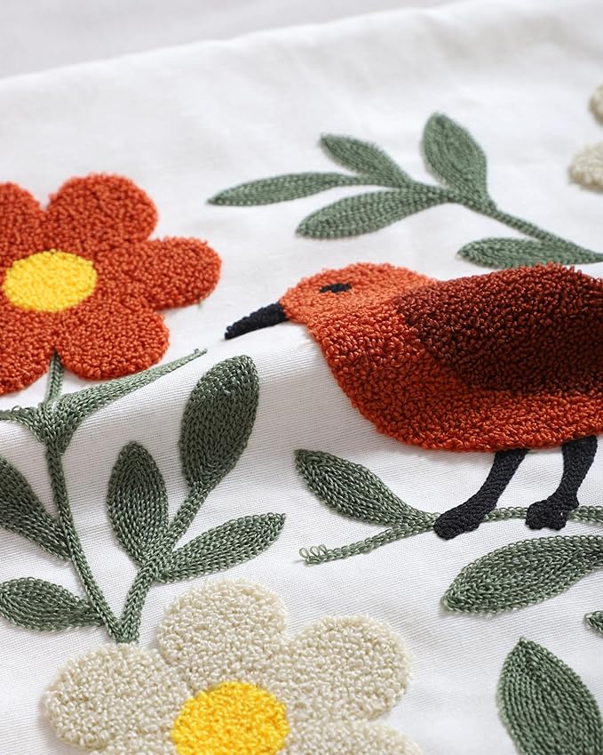 Throw Pillow Cover with Bird Embroidery – 18x18 inch Handmade Punch Needle Cushion Cover – 100% Cotton Decorative Pillow for Couch, Bed or Living Room – Boho Nature-Inspired Home Decor-Ruum Studio Home