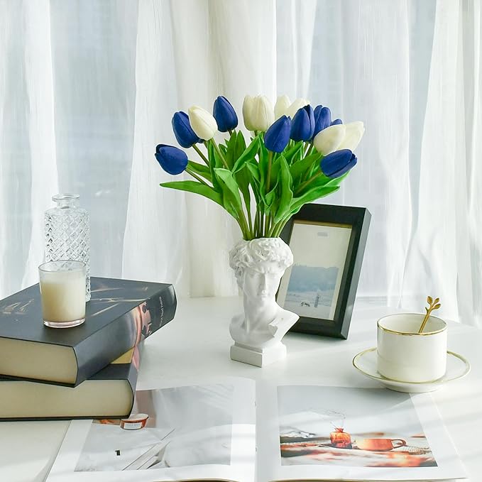 Mandy's Artificial Tulips 20 Stems Blue and White PU Faux Flowers for Wedding Home Decor 13.5 Inch-Ruum Studio Home