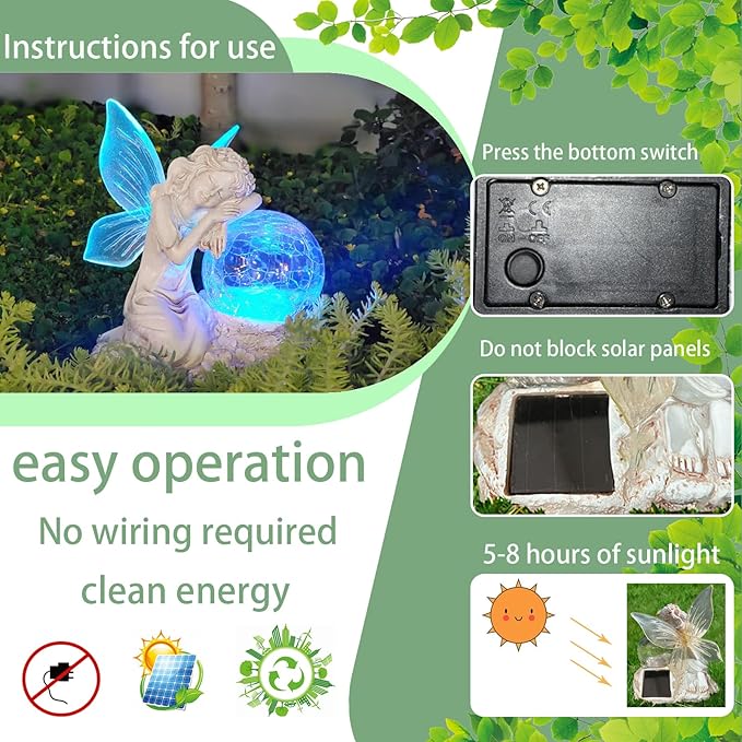 Fairy Garden Statue ，Solar Garden Decor ，Fairy Statue Outdoor with Glass Ball ，Waterproof Outdoor Decor，Suitable for Yard, Lawn ，Ideal for Holiday Giving (Left)-Ruum Studio Home
