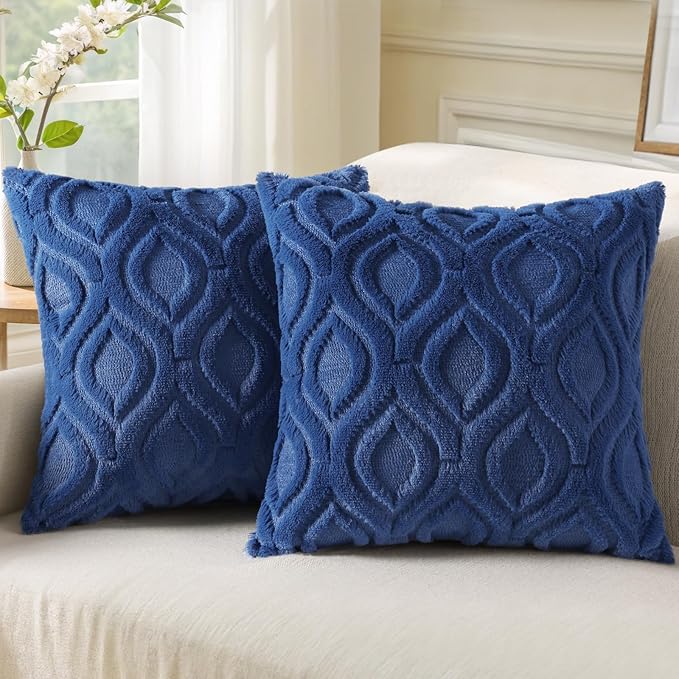 decorUhome Fall Throw Pillow Covers 20x20 Inch Set of 2, Soft Plush Decorative Faux Fur Dark Blue Solid Couch Pillow Covers, Accent Farmhouse Neutral Square Euro Pillow Cases for Sofa Bed Living Room-Ruum Studio Home