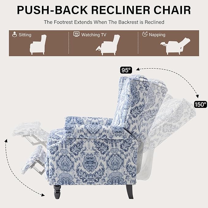 UIXE Floral Pushback Recliner Chair, Fabric Upholstered Armchair Push Back Accent Chair for Living Room, Rivet Trim Club Chair Home Theater Single Sofa Reading Seat - Navy Blue-Ruum Studio Home