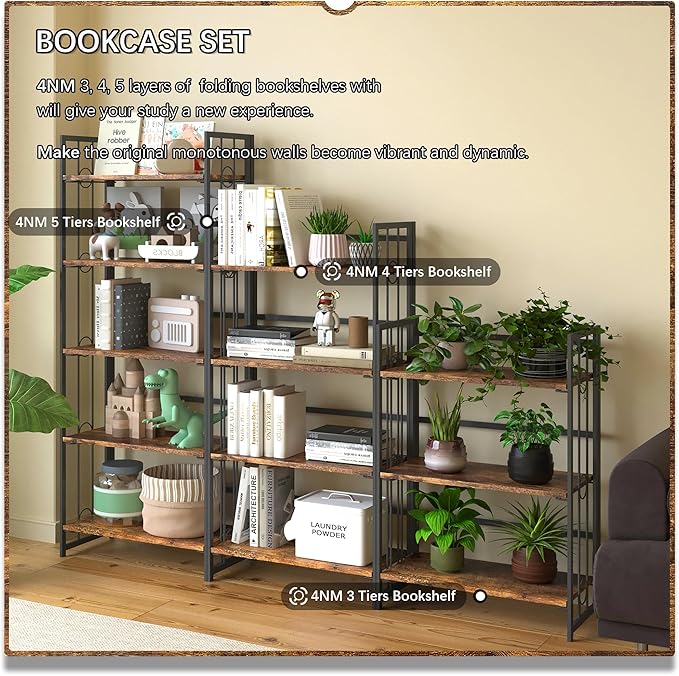 4NM No Assembly 4 Tiers Folding Bookshelf, 47.2" H Foldable Storage Shelves Vintage Bookcase Standing Racks Study Organizer Home Office - Rustic Brown Black-Ruum Studio Home