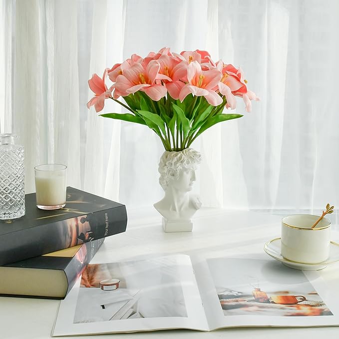 Mandy's Artificial Tulips 12 Stems Pink Fully Bloomed PU Faux Flowers for Wedding Home Decor 13.5 Inch-Ruum Studio Home