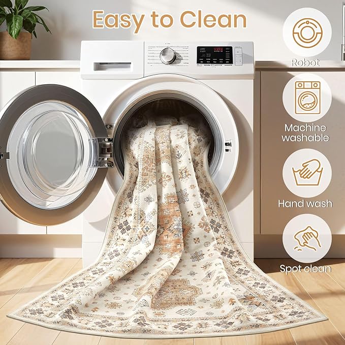 Washable Area Rugs for Living Room - 7x9 Neutral Vintage Distressed Floral Farmhouse Boho Large Soft Floor Rug Indoor Non Slip Carpet for Living Room Bedroom Dining Room Office - Orange/Yellow/Beige-Ruum Studio Home