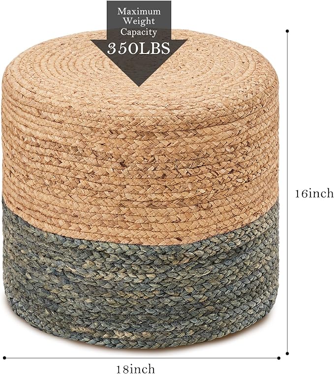 Wimarsbon 18'' Ottoman Pouf, Natural Braided Poof, Rustic Handweave Lounge Pouffe, Boho Footrest Stool for Bedroom, Accent Table or Seat for Living Room (Dusty Blue)-Ruum Studio Home