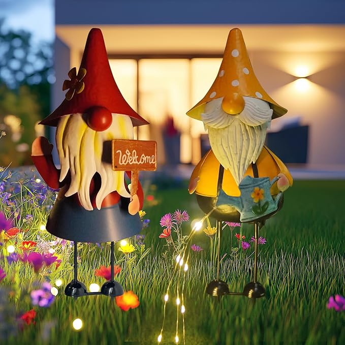 HONGLAND Metal Gnome Yard Art -18 Inch Garden Gnomes Statues Outdoor Decor with Watering Can Solar Lights -3D Outdoor Figurines for Patio Yard Lawn Porch Ornament Gardening Gifts-Ruum Studio Home