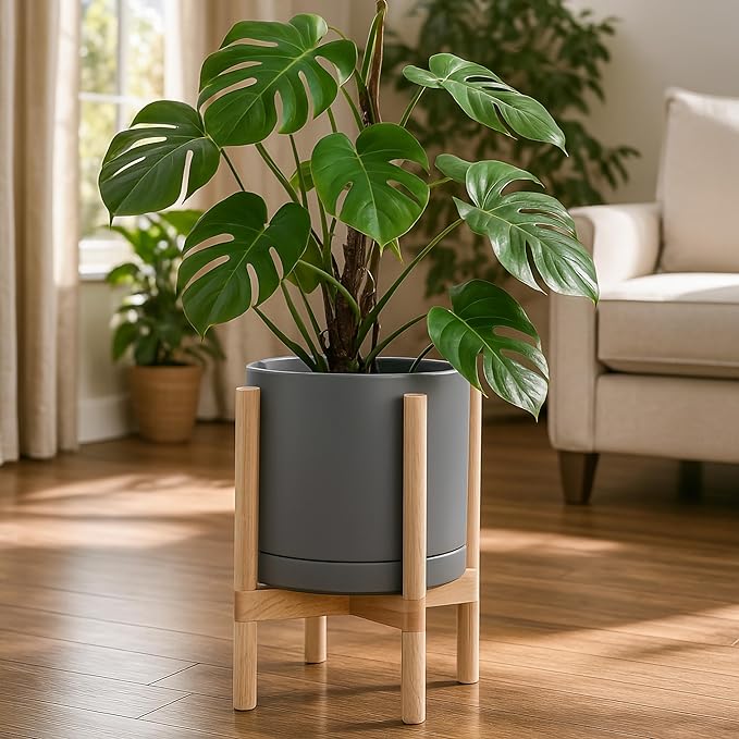 D'vine Dev Ceramic Planter with Natural Stand - 12 Inch Modern Round Flower Pot with Wood Planter Holder, Grey, 55-B-J-3-Ruum Studio Home