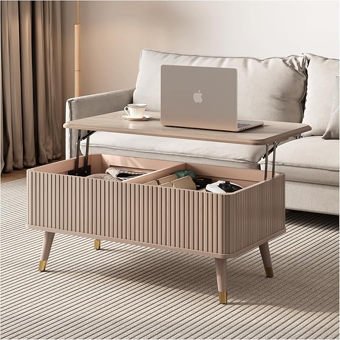 Lift Top Coffee Table with Storage Shelf & Hidden Compartment, Mid Century Modern Fluted Rectangle Dining Table for Living Room, Home Office, Natural Oak-Ruum Studio Home