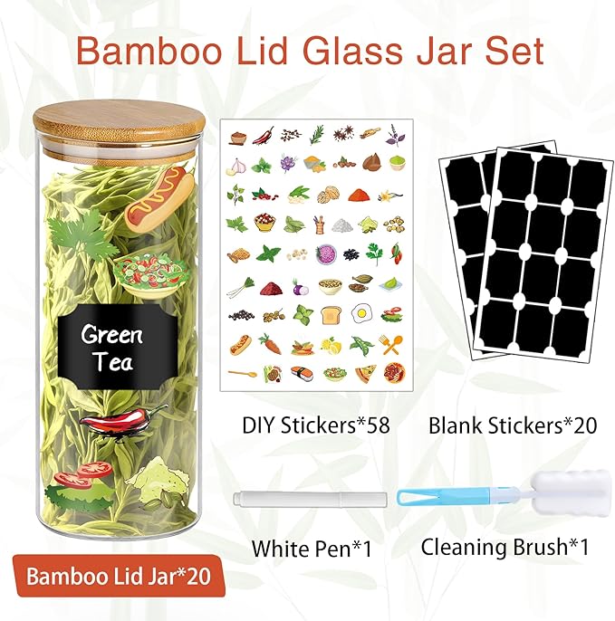 16 oz 20 pcs Glass Jars with Bamboo Lids, Stackable Clear Food Storage Jars, Airtight Kichen Glass Pantry Storage Containers with Lids for Rice, Candy, Sugar, Flour, Nuts, Cookie, Spice-Ruum Studio Home