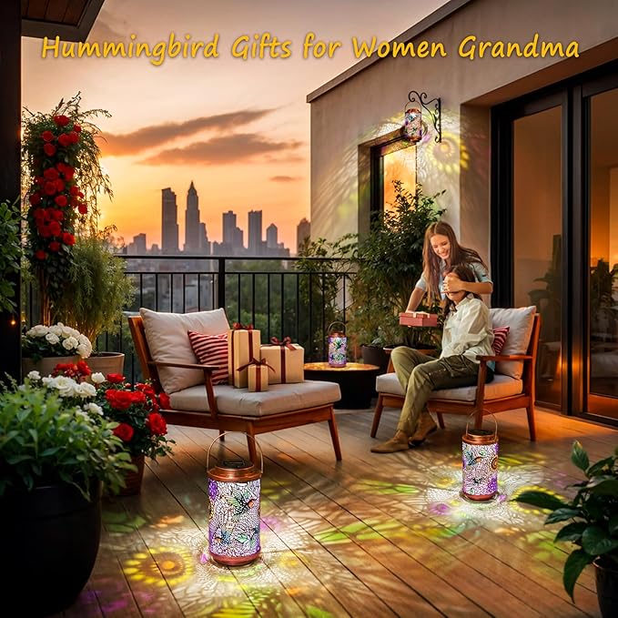 2Pack Solar Lanterns Outdoor Waterproof Hummingbird Colorful Garden Gifts for Mom, Multicolor Solar Lights Lantern for Backyard Garden, Pathway, Outside, Mothers' Day Gifts for Grandma Women-Ruum Studio Home