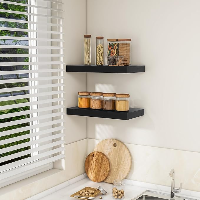 RICHFOCUS 16Inch Floating Shelves for Wall 2 Pack Shelves for Bedroom|Kitchen|Bathroom Wall Mounted Rustic Wood Floating Shelf with Invisible Brackets for Books|Storage|Decor, Black-Ruum Studio Home