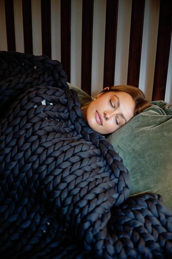 Nuzzie Chunky Knit Weighted Blanket - Breathable, Cooling, Hand Made Knit Throw Blanket for Sleep - Machine Washable, Stylish Decor Design (Dusty Blue, Queen | 28lbs | 80"x80")-Ruum Studio Home