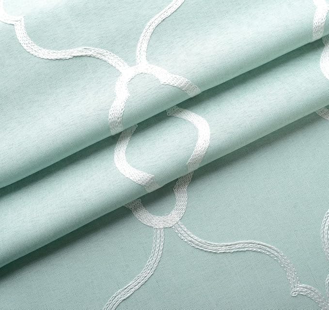 MIUCO Moroccan Embroidered Semi Sheer Curtains Faux Linen Grommet Window Panel Pair for Kitchen 52 x 63 Inch, Subtle Green-Ruum Studio Home